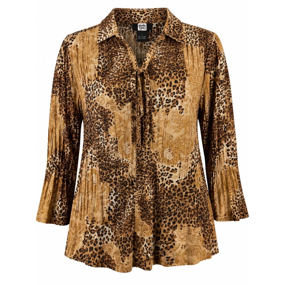 Studio 1940 Leopard Print Pleated Button Front Blouse Women's Large